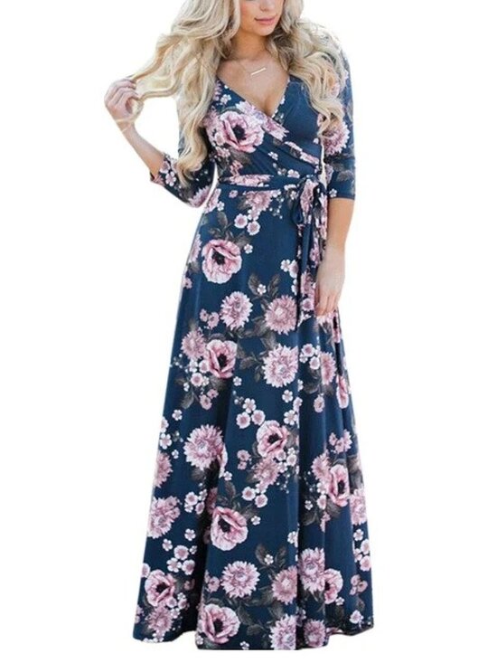 Dresses & Skirts - Women's Floral Wrap V Neck Maxi Dress Tie Waist Blue 3/4 Sleeves Size M